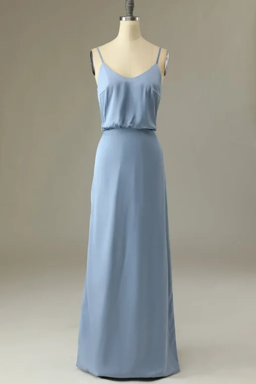 Spaghetti Straps Grey Blue Long Bridesmaid Dress