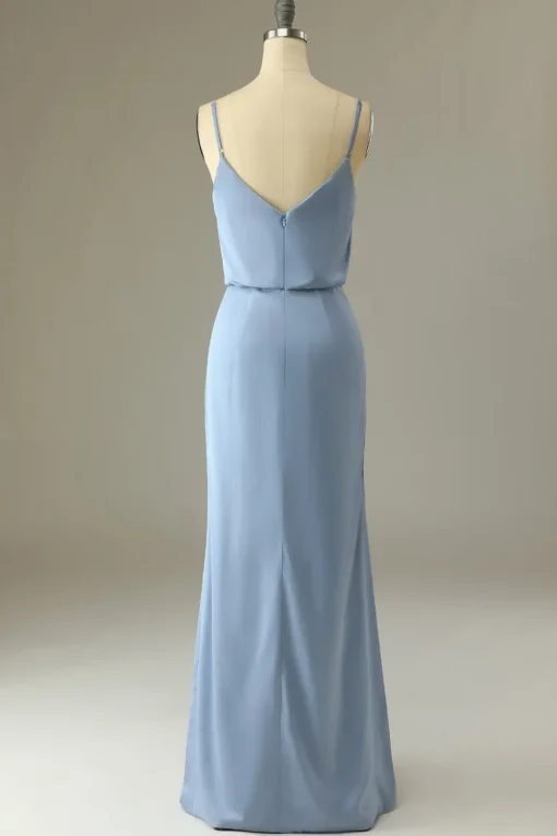 Spaghetti Straps Grey Blue Long Bridesmaid Dress