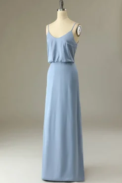 Spaghetti Straps Grey Blue Long Bridesmaid Dress