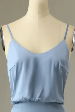 Spaghetti Straps Grey Blue Long Bridesmaid Dress