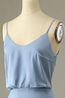 Spaghetti Straps Grey Blue Long Bridesmaid Dress