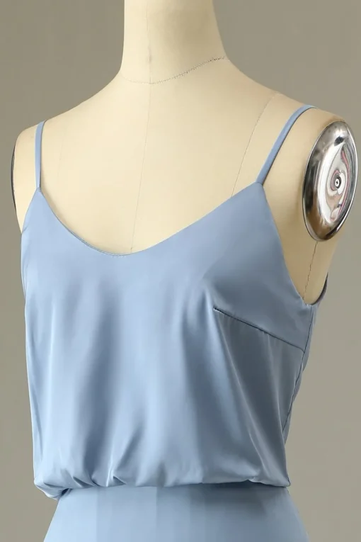 Spaghetti Straps Grey Blue Long Bridesmaid Dress