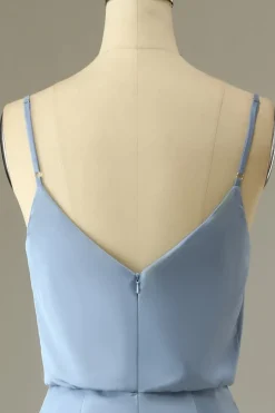 Spaghetti Straps Grey Blue Long Bridesmaid Dress