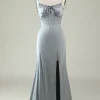 Spaghetti Straps Grey Satin Prom Formal Dress with Slit
