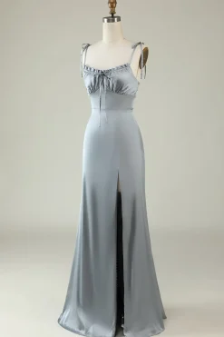 Spaghetti Straps Grey Satin Prom Formal Dress with Slit