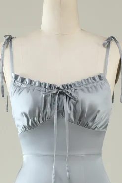 Spaghetti Straps Grey Satin Prom Formal Dress with Slit