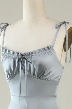 Spaghetti Straps Grey Satin Prom Formal Dress with Slit