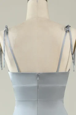 Spaghetti Straps Grey Satin Prom Formal Dress with Slit