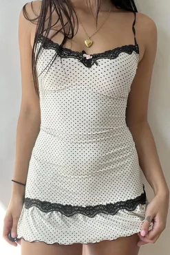 Spaghetti Straps Little White Graduation Dress with Polka Dots