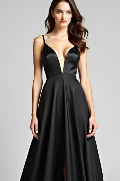 Spaghetti Straps Long Black Tie Dress With Slit