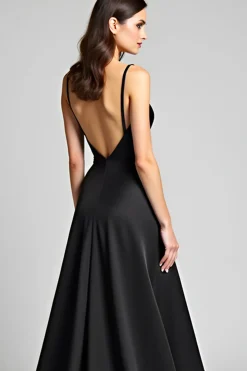 Spaghetti Straps Long Black Tie Dress With Slit