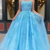 Spaghetti Straps Long Princess Prom Dress with Appliques