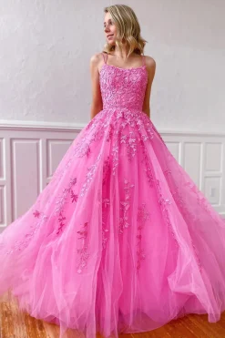 Spaghetti Straps Long Princess Prom Dress with Appliques