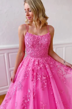 Spaghetti Straps Long Princess Prom Dress with Appliques