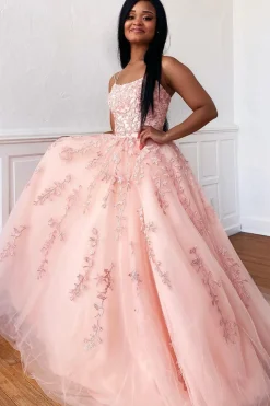 Spaghetti Straps Long Princess Prom Dress with Appliques