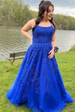 Spaghetti Straps Long Princess Prom Dress with Appliques