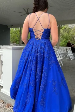 Spaghetti Straps Long Princess Prom Dress with Appliques