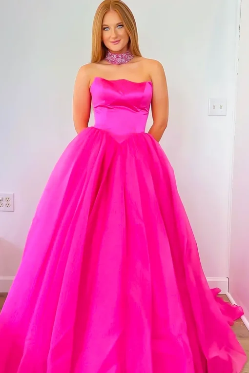 Sparkly A Line Strapless Hot Pink Long Prom Dress