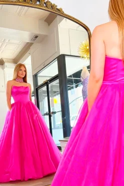 Sparkly A Line Strapless Hot Pink Long Prom Dress