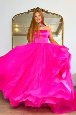 Sparkly A Line Strapless Hot Pink Long Prom Dress