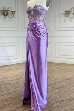 Sparkly Beaded Purple Corset Mermaid Strapless Prom Dress with Slit