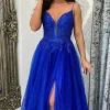Sparkly Beaded Royal Blue Corset A Line Long Prom Dress with Slit