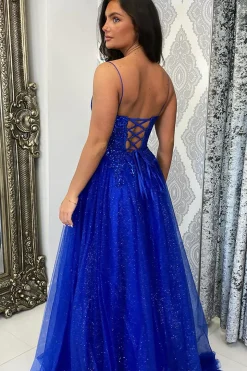 Sparkly Beaded Royal Blue Corset A Line Long Prom Dress with Slit