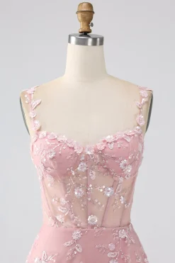 Sparkly Blue A Line Spaghetti Straps Sequin Corset Prom Dress With Slit