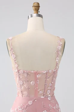 Sparkly Blue A Line Spaghetti Straps Sequin Corset Prom Dress With Slit