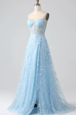Sparkly Blue A Line Spaghetti Straps Sequin Corset Prom Dress With Slit