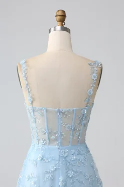 Sparkly Blue A Line Spaghetti Straps Sequin Corset Prom Dress With Slit