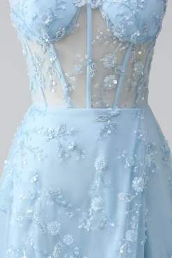 Sparkly Blue A Line Spaghetti Straps Sequin Corset Prom Dress With Slit