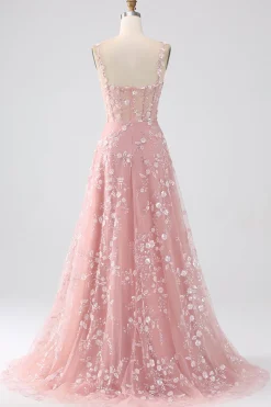 Sparkly Blue A Line Spaghetti Straps Sequin Corset Prom Dress With Slit