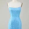 Sparkly Blue Beaded Tight Short Party Dress