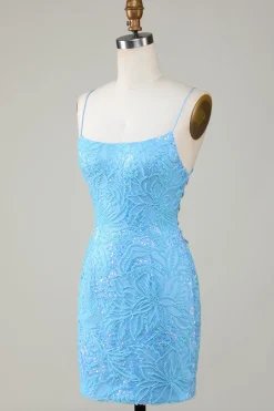 Sparkly Blue Beaded Tight Short Party Dress
