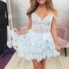 Sparkly Blue Corset Tiered Lace A-Line Short Graduation Dress