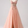 Sparkly Blush Tulle A Line Prom Dress with Beading