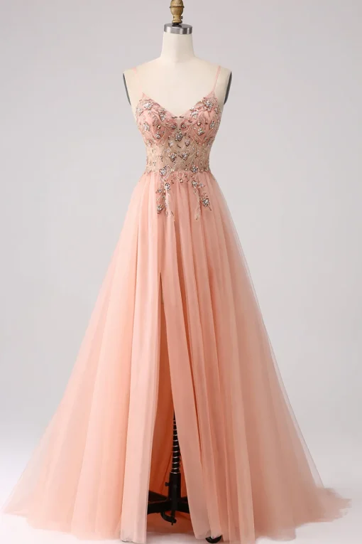 Sparkly Blush Tulle A Line Prom Dress with Beading