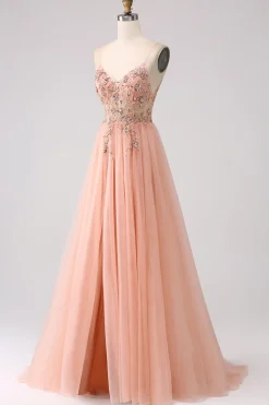 Sparkly Blush Tulle A Line Prom Dress with Beading