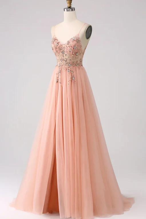 Sparkly Blush Tulle A Line Prom Dress with Beading