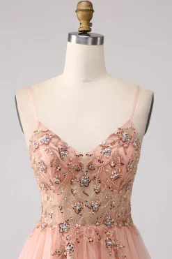 Sparkly Blush Tulle A Line Prom Dress with Beading