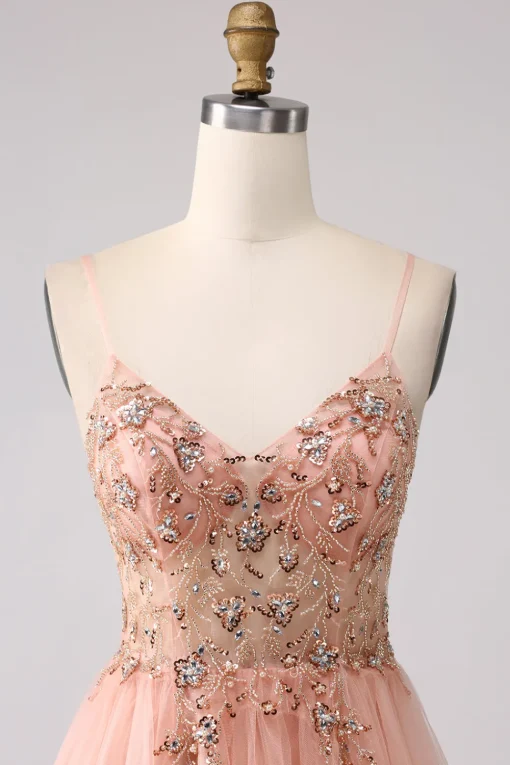 Sparkly Blush Tulle A Line Prom Dress with Beading