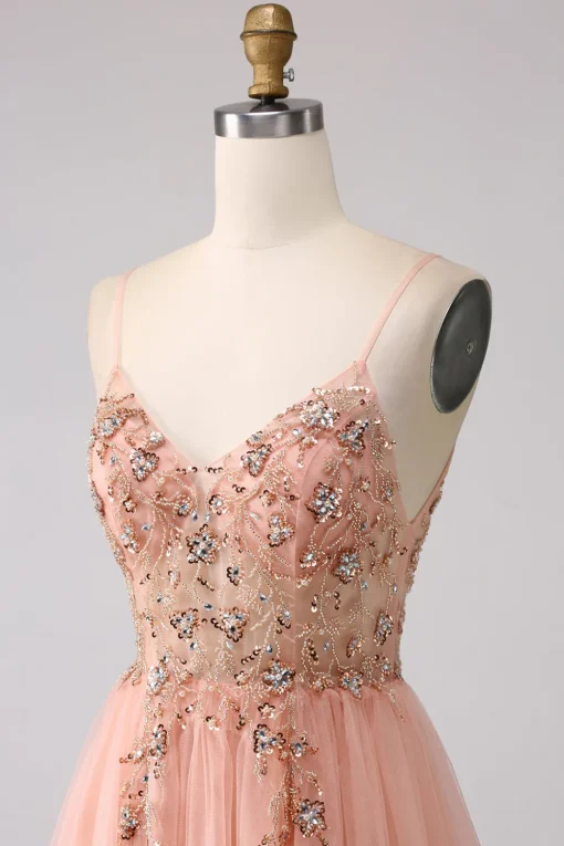 Sparkly Blush Tulle A Line Prom Dress with Beading