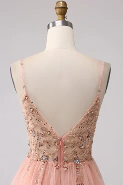 Sparkly Blush Tulle A Line Prom Dress with Beading
