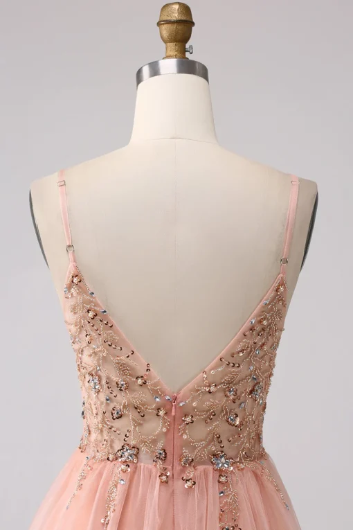 Sparkly Blush Tulle A Line Prom Dress with Beading