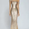 Sparkly Champagne Mermaid Off the Shoulder Sequins Long Formal Dress