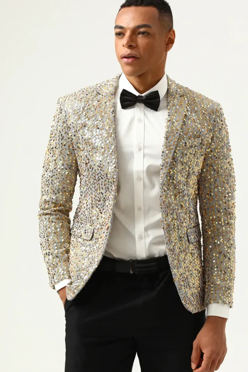 Sparkly Champagne Sequins Notched Lapel Men's Prom Blazer