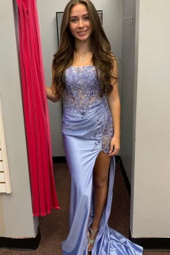 Sparkly Corset Sequins Mermaid Ruched Grey Blue Long Prom Dress with Slit
