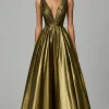 Sparkly Dark Gold A-Line V Neck Ruched Ankle Length Formal Dress