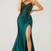 Sparkly Dark Green Mermaid Sequin Pleated Corset Long Prom Dress with Slit